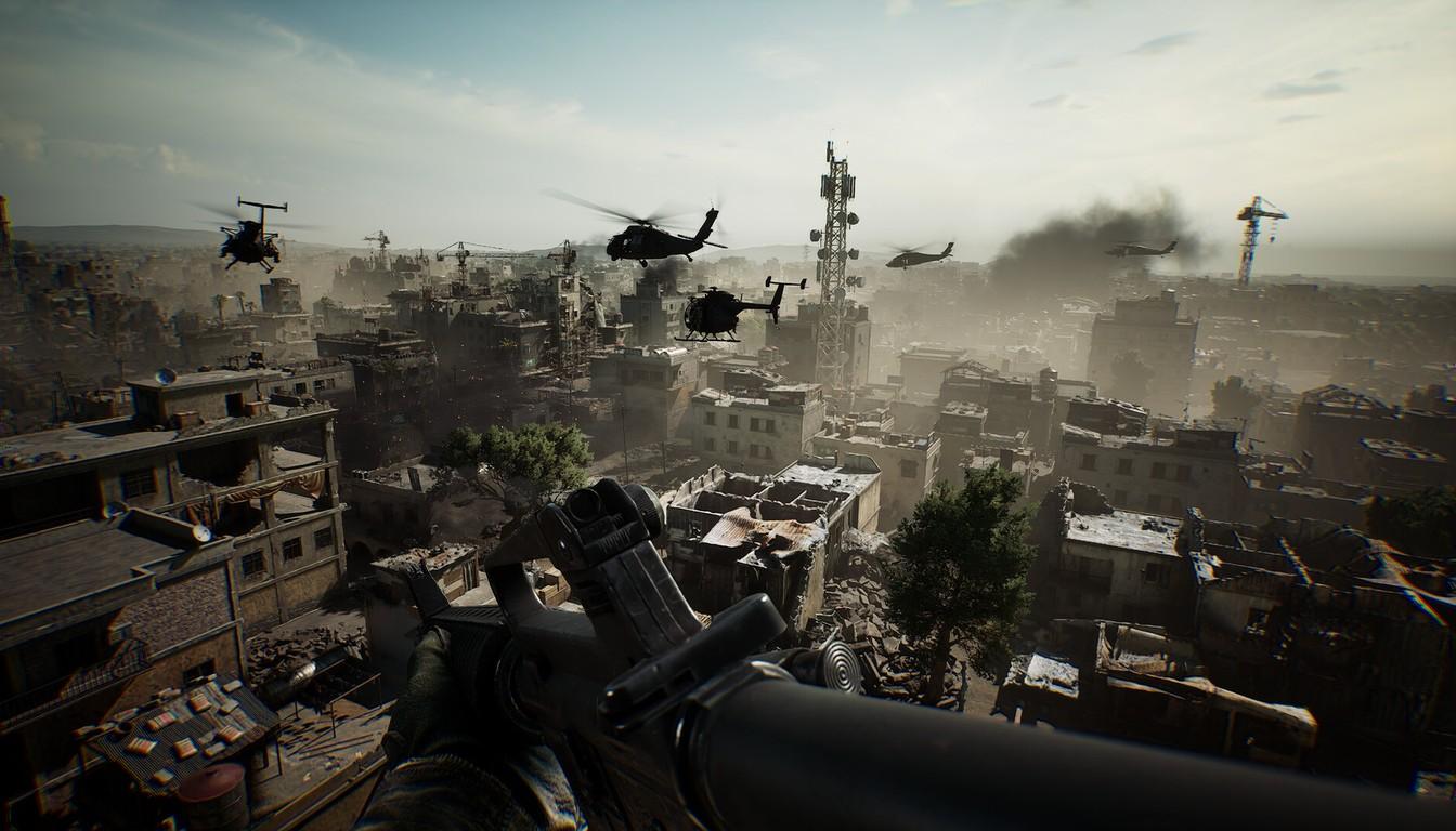 Helicopters above a city with comms towers and smoke, seen from behind a weapon