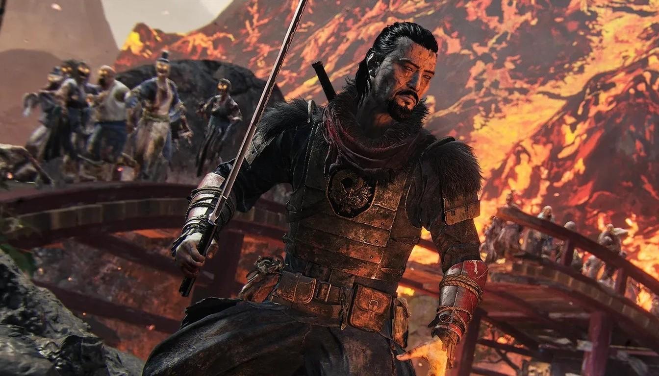 A samurai on a bridge above rivers of lava with a zombie horde behind him