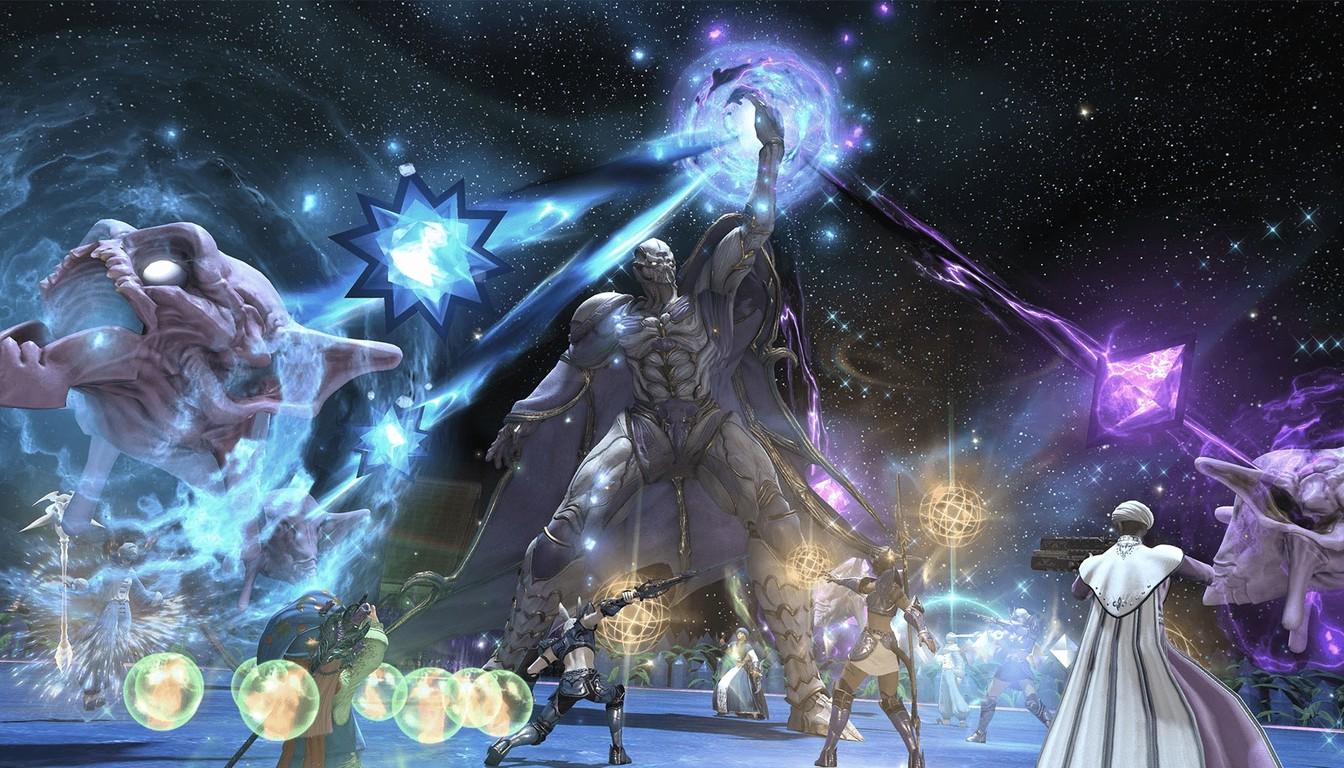 A large group of players fighting a boss against a starry sky in the raid
