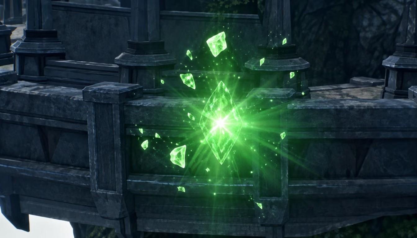 A burst of green Odyle energy among stone dungeon ruins