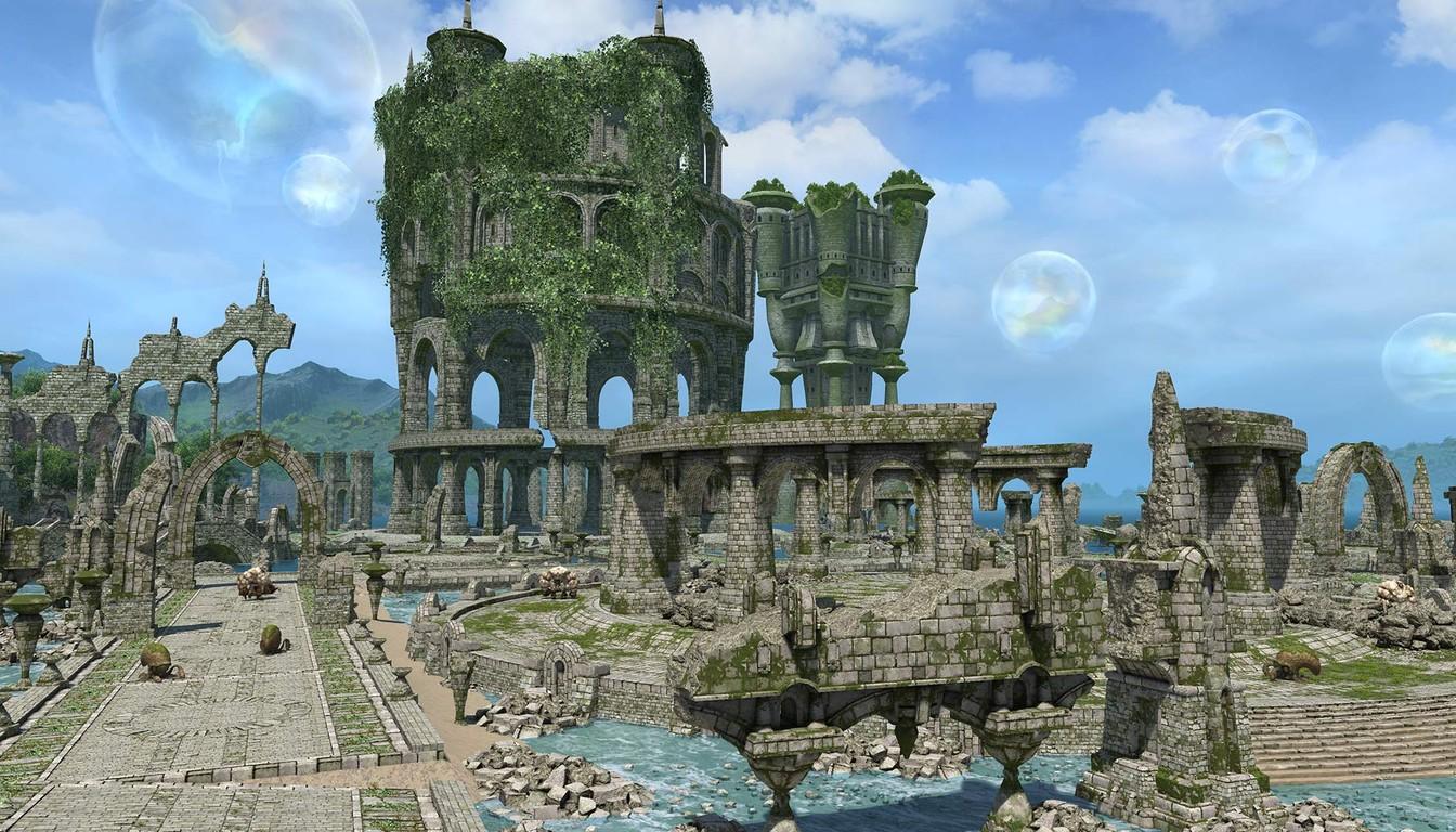 Ivy-covered ruins on the island of Occult Crescent under a clear sky