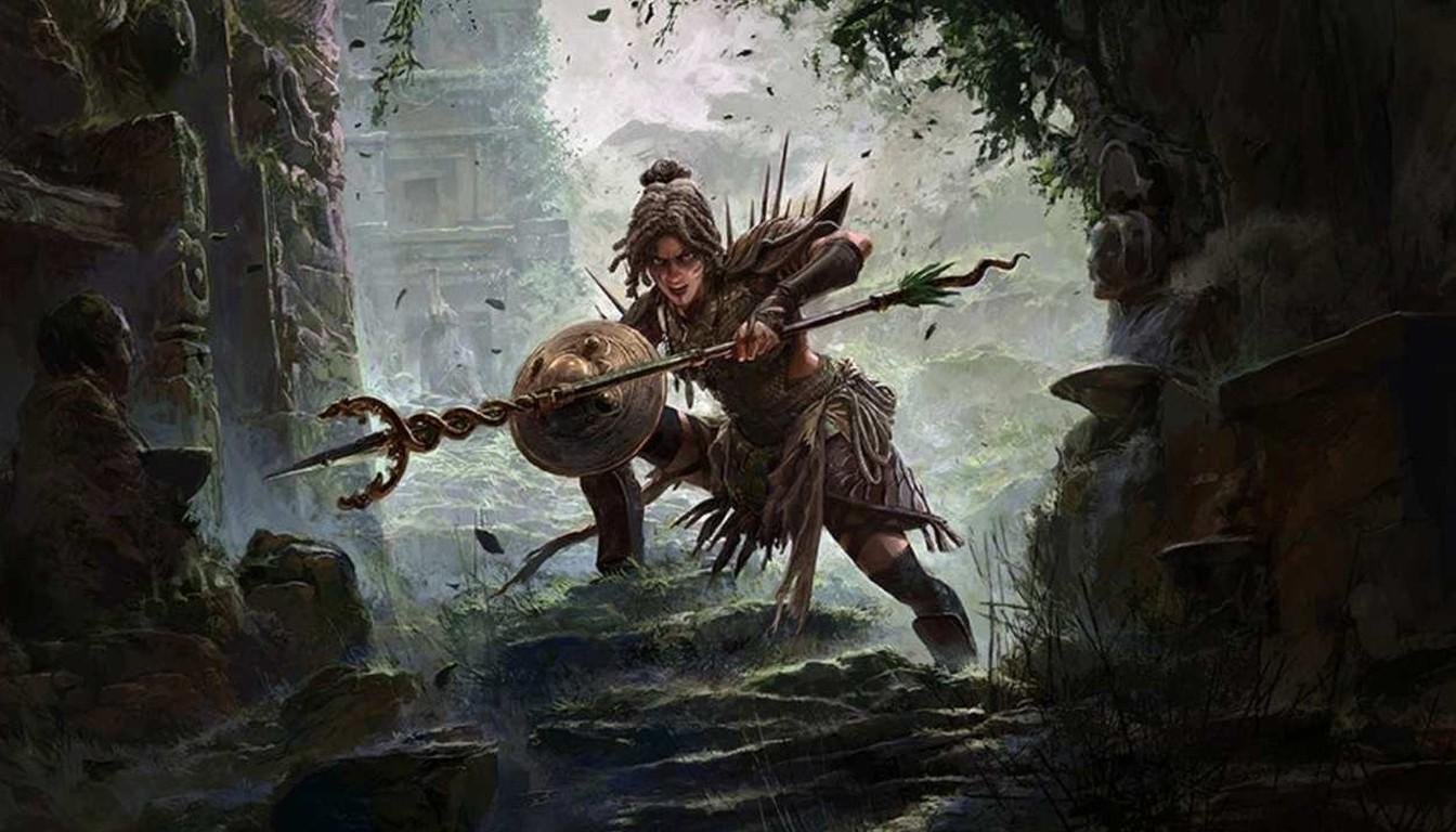 Huntress holding a spear on a stone ledge in the jungle