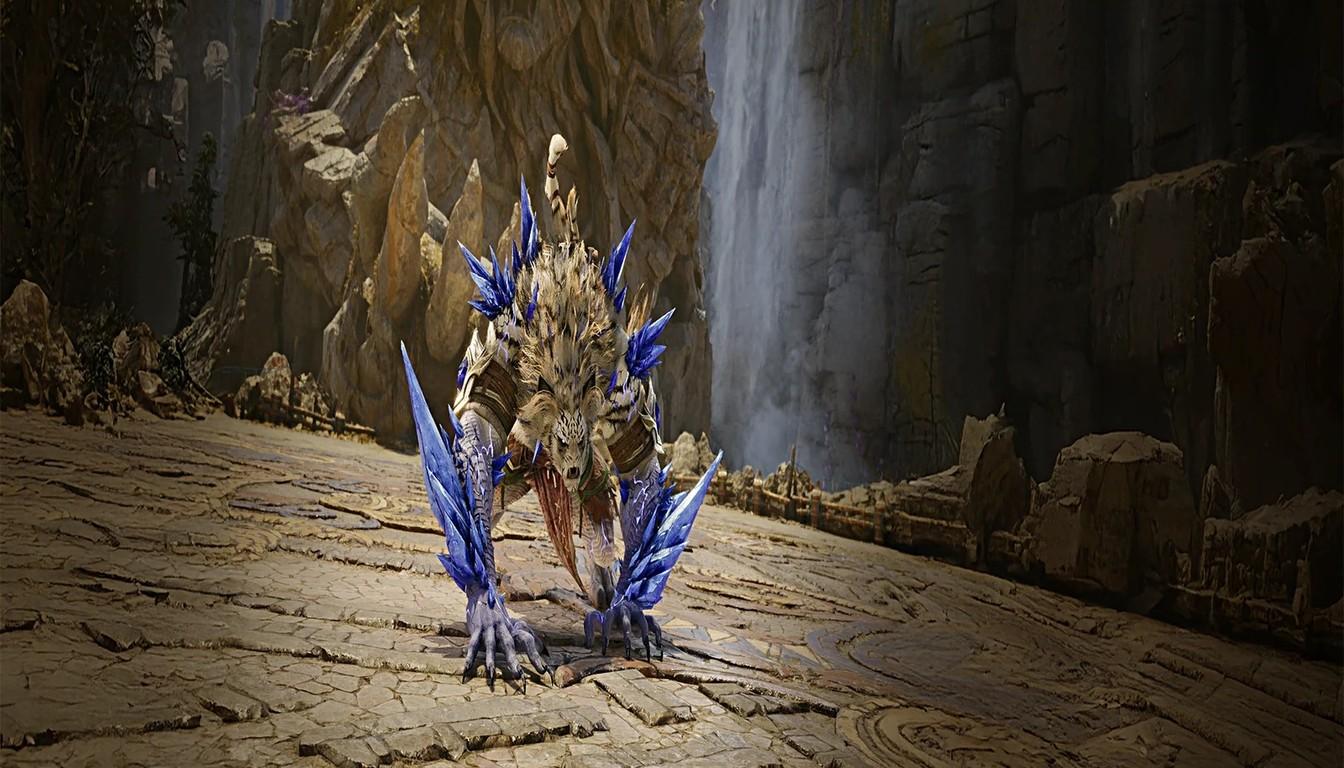 A crystal-armored guardian on a stone plateau by a waterfall in a canyon