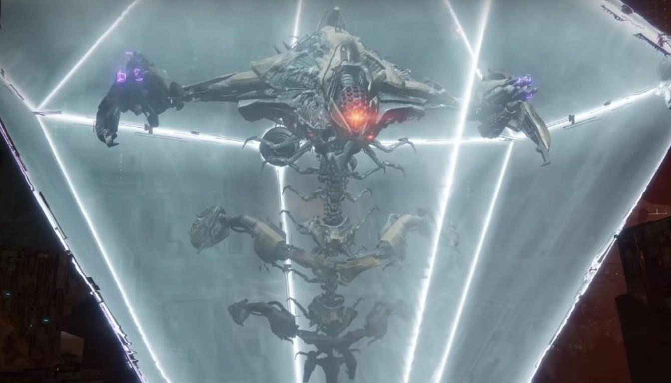 Argos inside the glowing barrier, with its limbs and red core visible