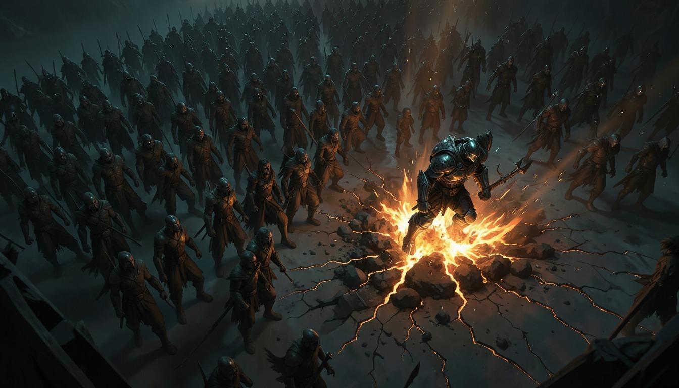 A summoned army and a huge warrior on a battlefield