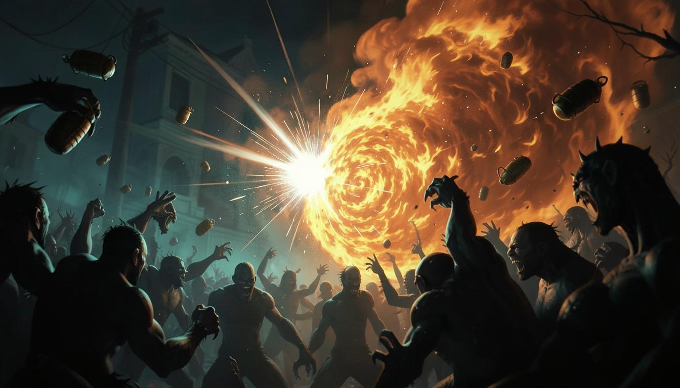A blinding flash grenade burst and a fiery explosion among a crowd of enemies