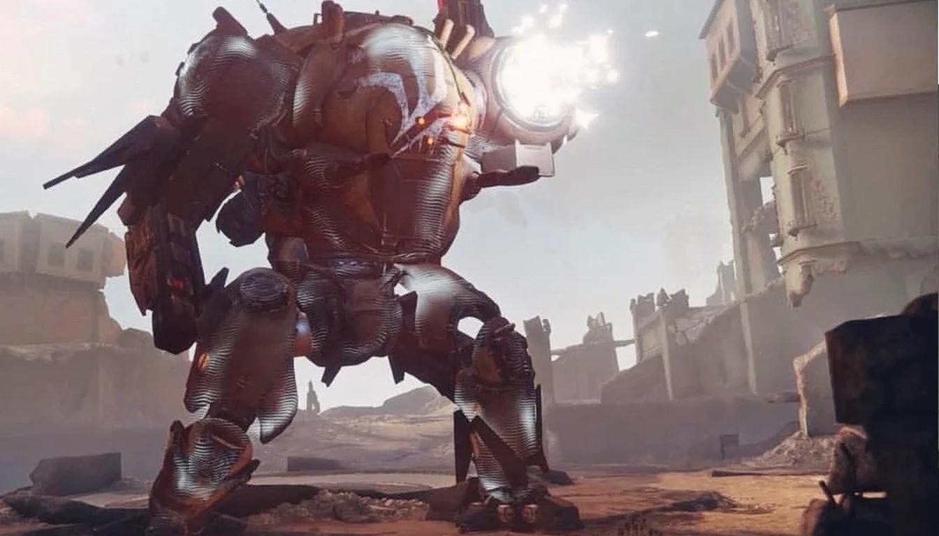 The huge Insurrection Prime war mech among ruins on Earth