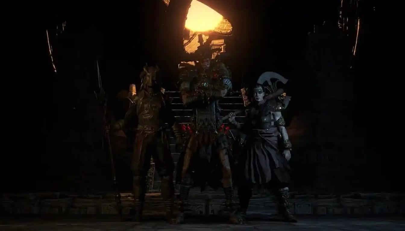 The three Masters of the Atlas in a dark hall in Path of Exile 2
