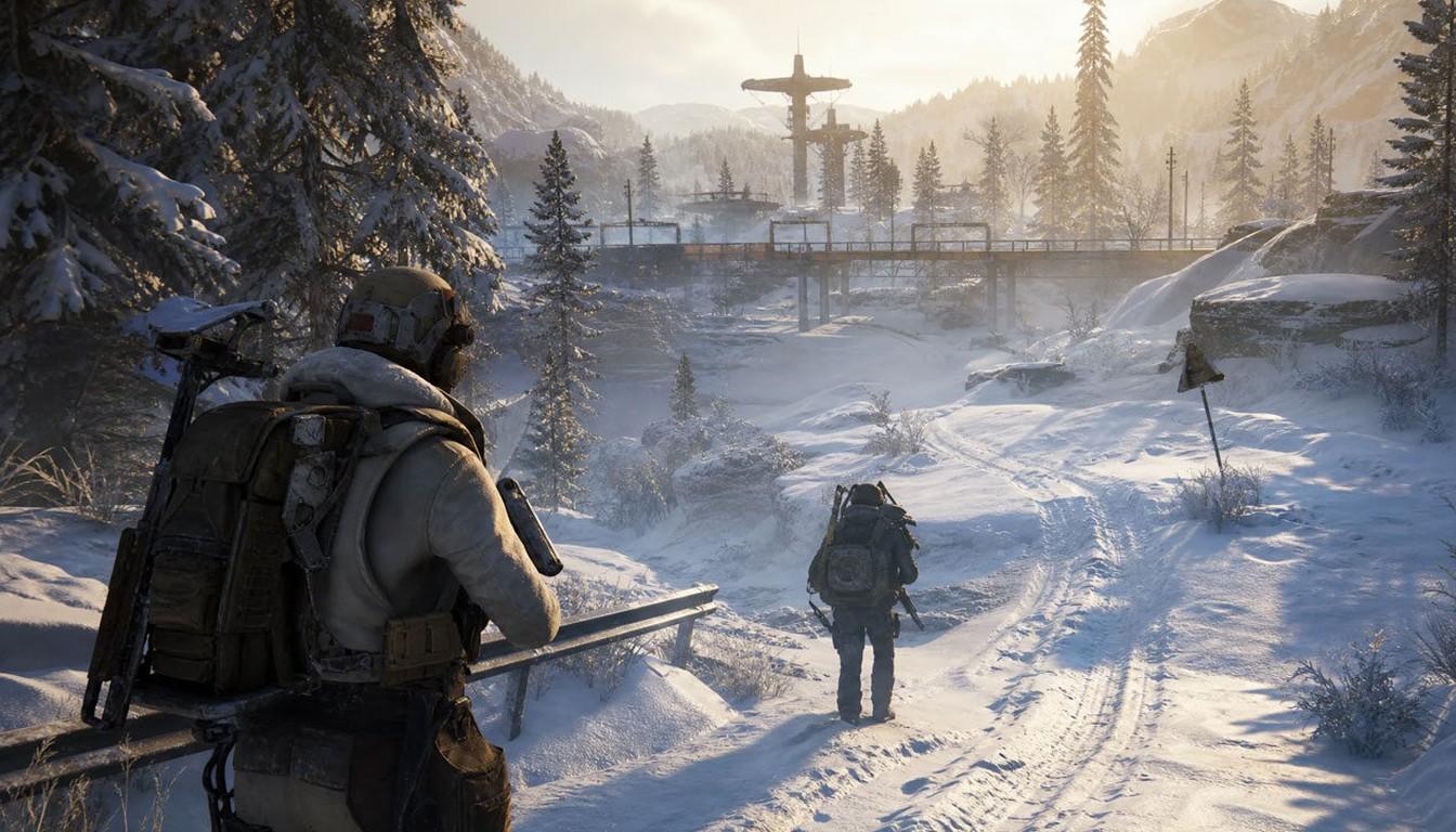 A raider with a weapon looking over a snowy landscape at a distant figure