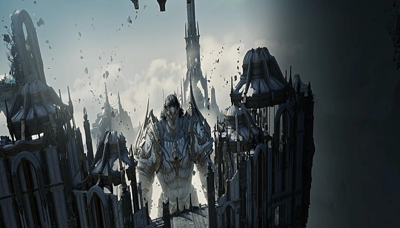 An armored warrior among floating towers of an AION 2 dungeon