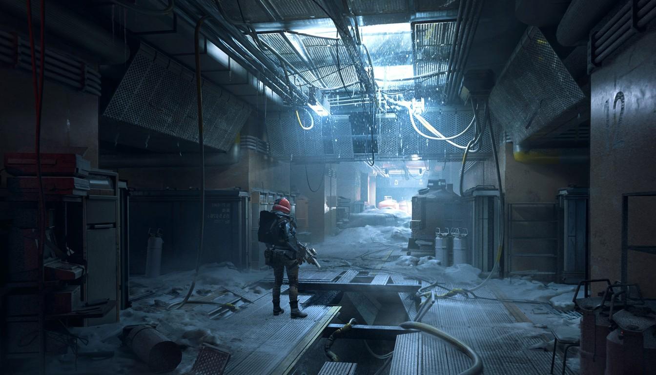 Abandoned Exodus facility hall with a broken roof and a lone Raider