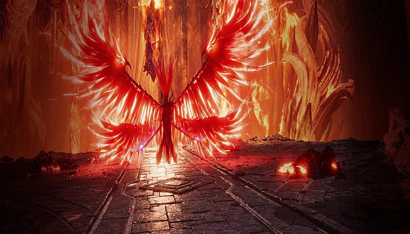 A fiery winged boss in the center of a blazing temple hall