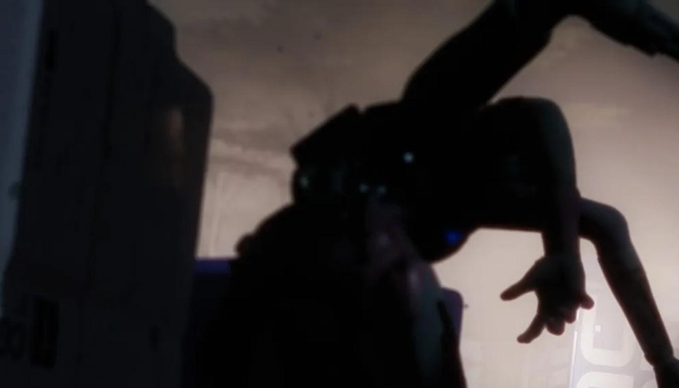 Huge distorted creature silhouette in a dark Complex corridor