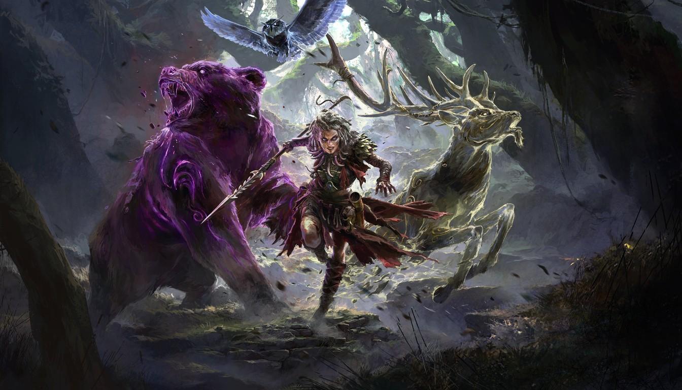 A huntress in a forest with a purple bear and a pale stag at her side