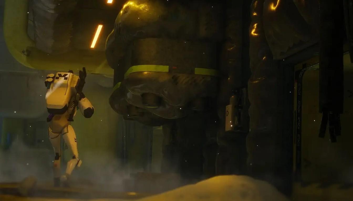 Armored runner sprinting past a bulky machine mechanism amid steam