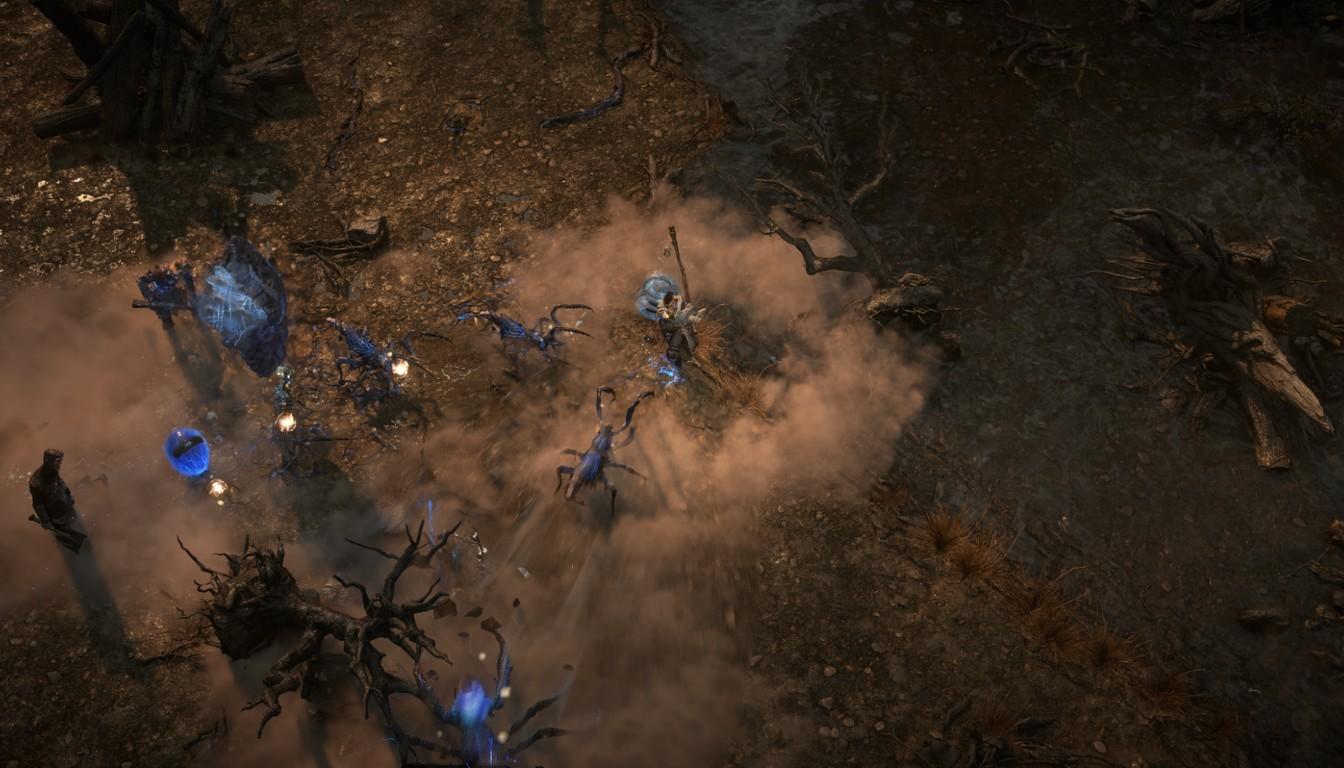 Бой с монстрами в пыльной локации Path of Exile 2