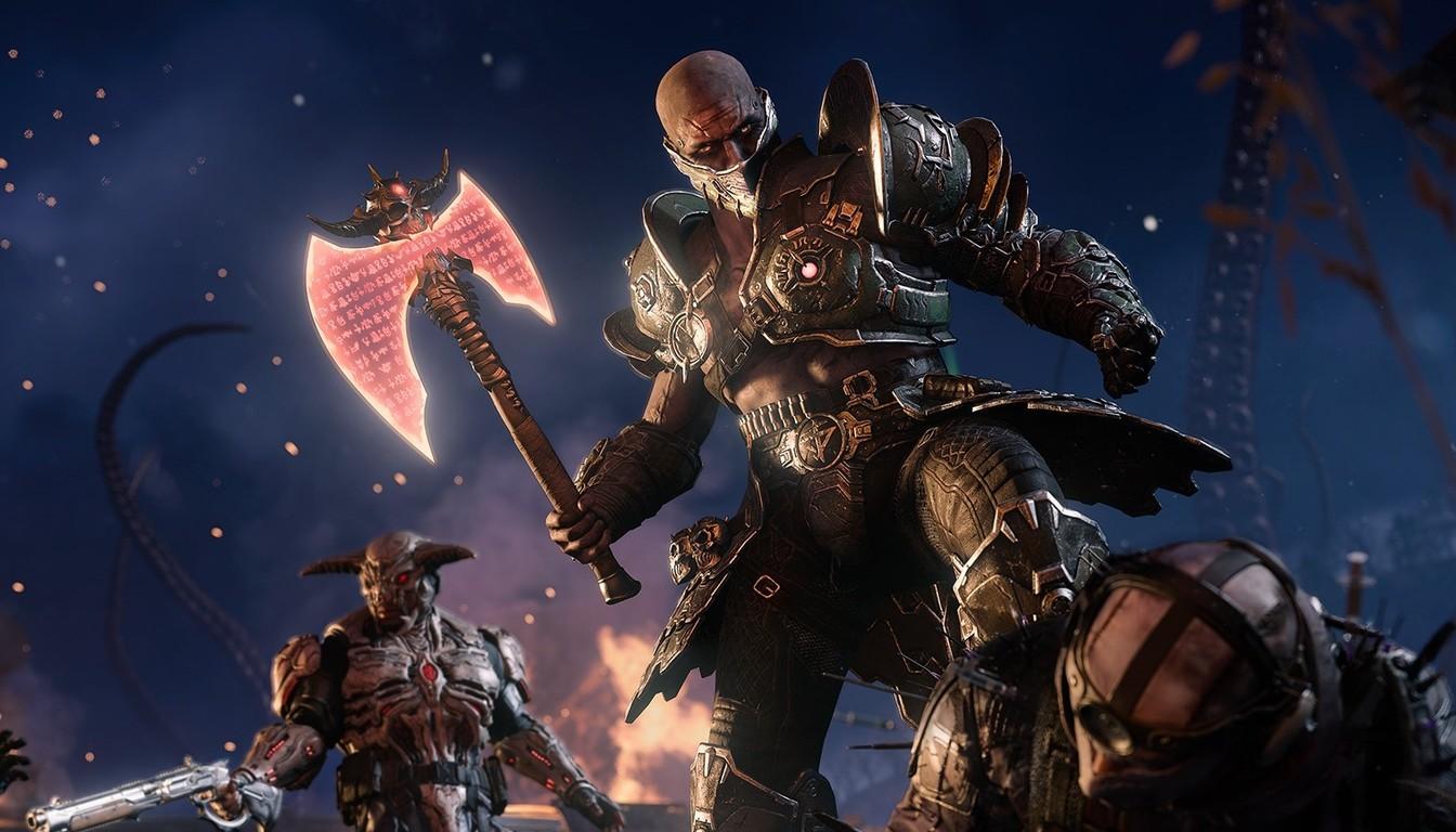 An armored operator with a glowing axe and a demon from Hell