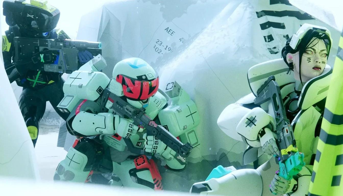 A squad of runners in pale armored suits with weapons