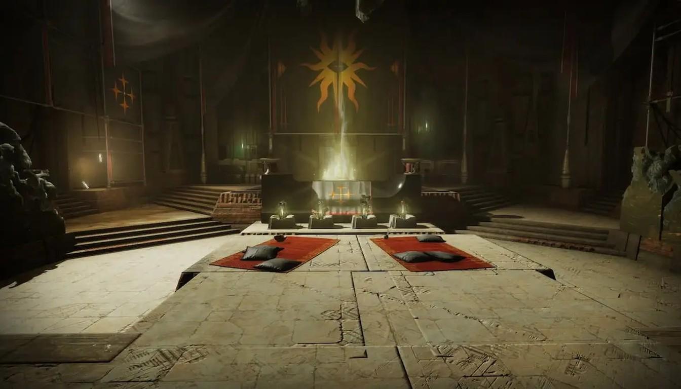 The Praxic Temple hall with two red pedestals and a glowing altar