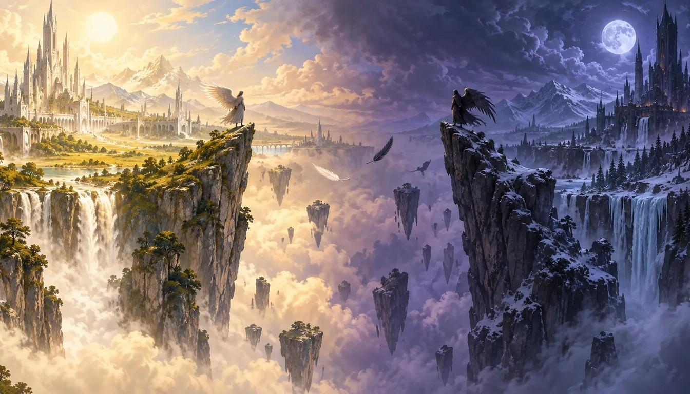 Bright and dark floating islands of the two AION 2 factions under sun and moon