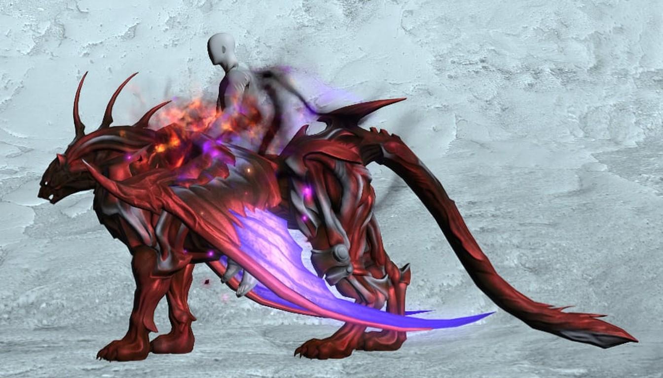A red Lynx mount with violet wings and a rider