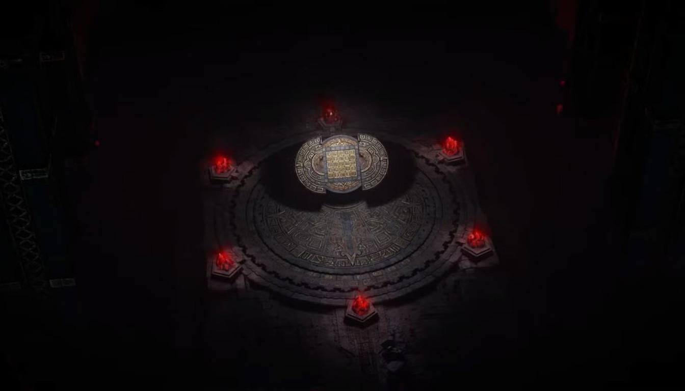 Circular stone dais ringed by red lights in a dark Vaal hall