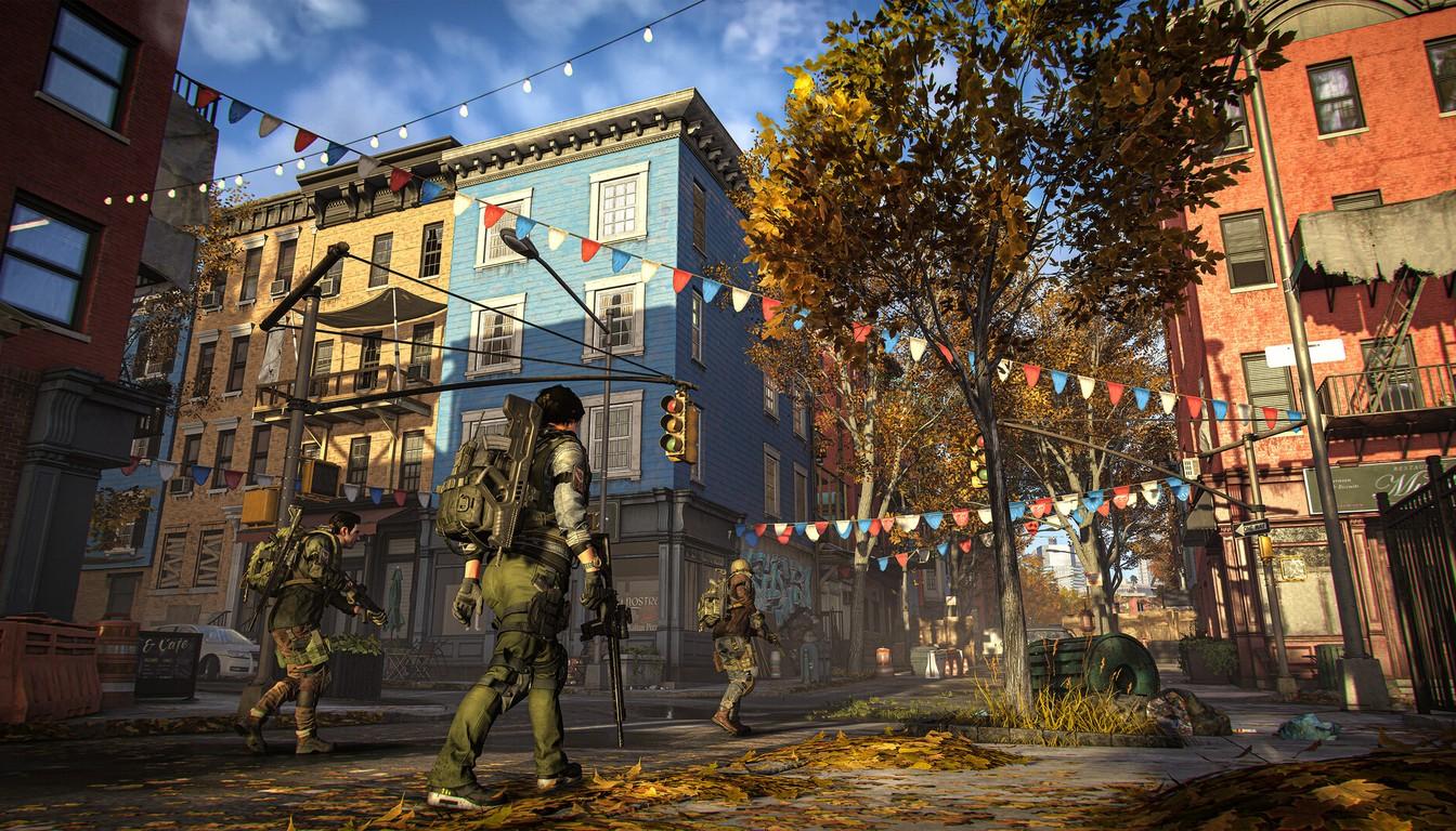 Agents on a street of apartment buildings with festive bunting