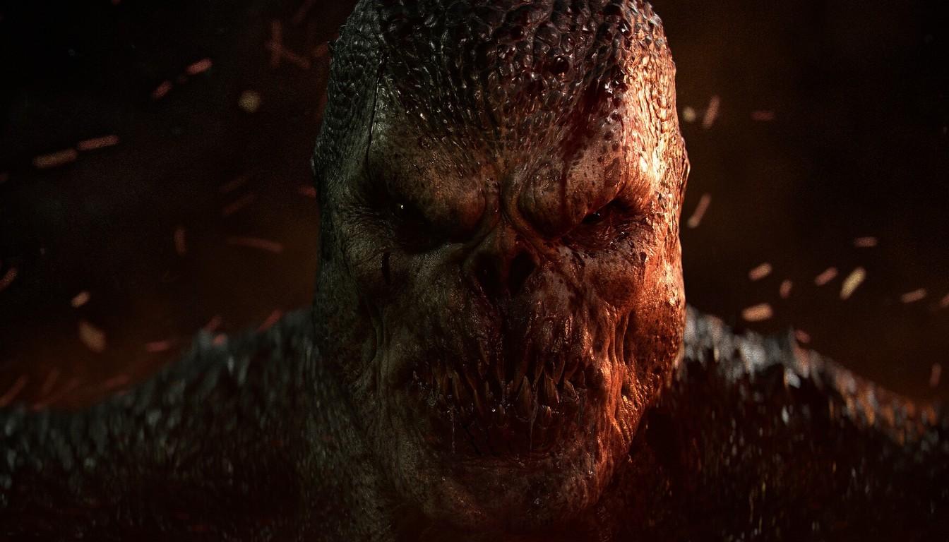 Close-up of a Locust creature in red light and drifting embers