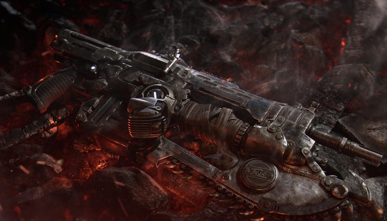 Close-up of an assault rifle with a chainsaw bayonet amid smoldering embers