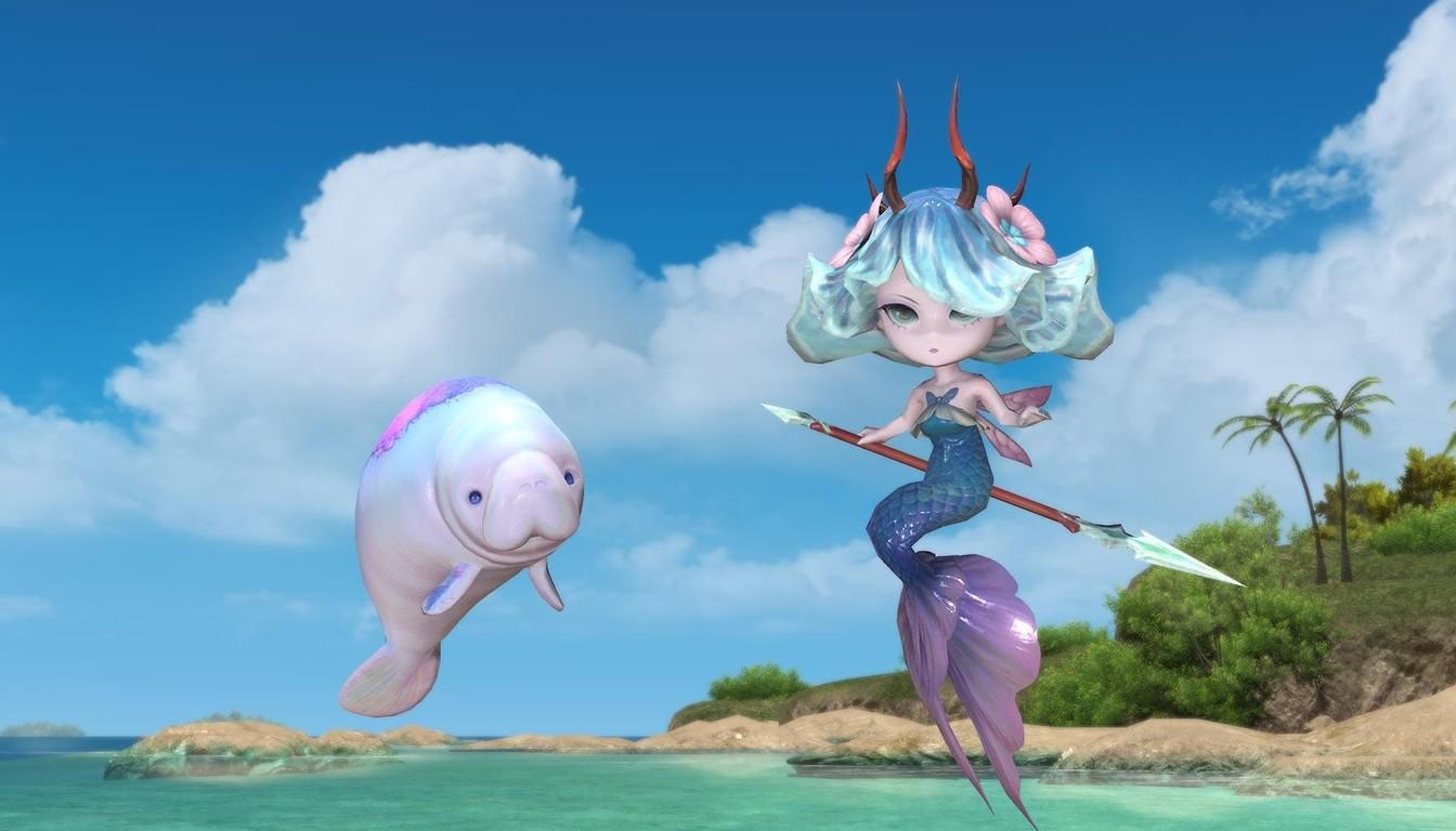 Reward minions: a spear-wielding mermaid and a manatee above the seashore