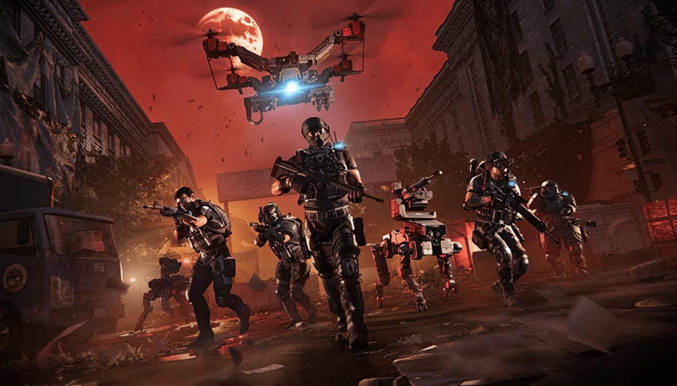 A squad of agents advances down a street with a drone hovering above under a red moon