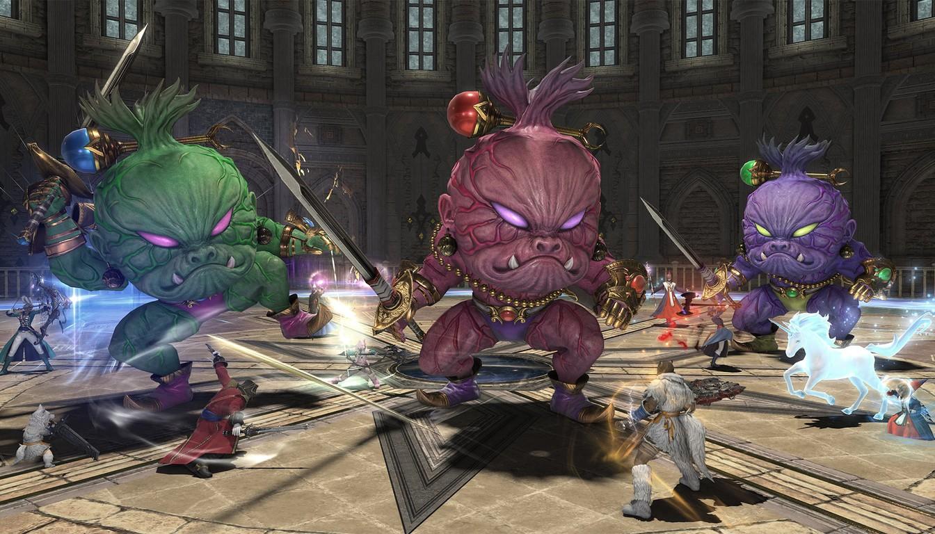 Party hitting three colorful monsters in a hall with spells flying around