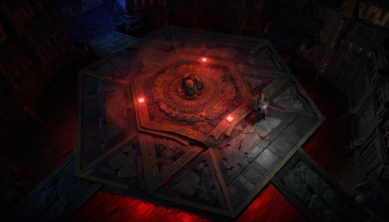 A red-lit arena inside a dark temple in Path of Exile 2