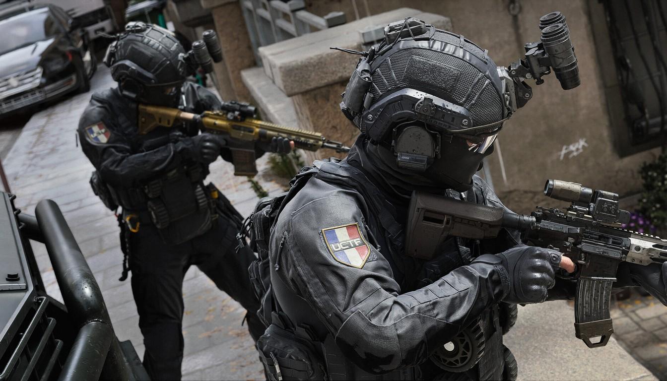 Two armored operators in helmets aiming rifles on a city street