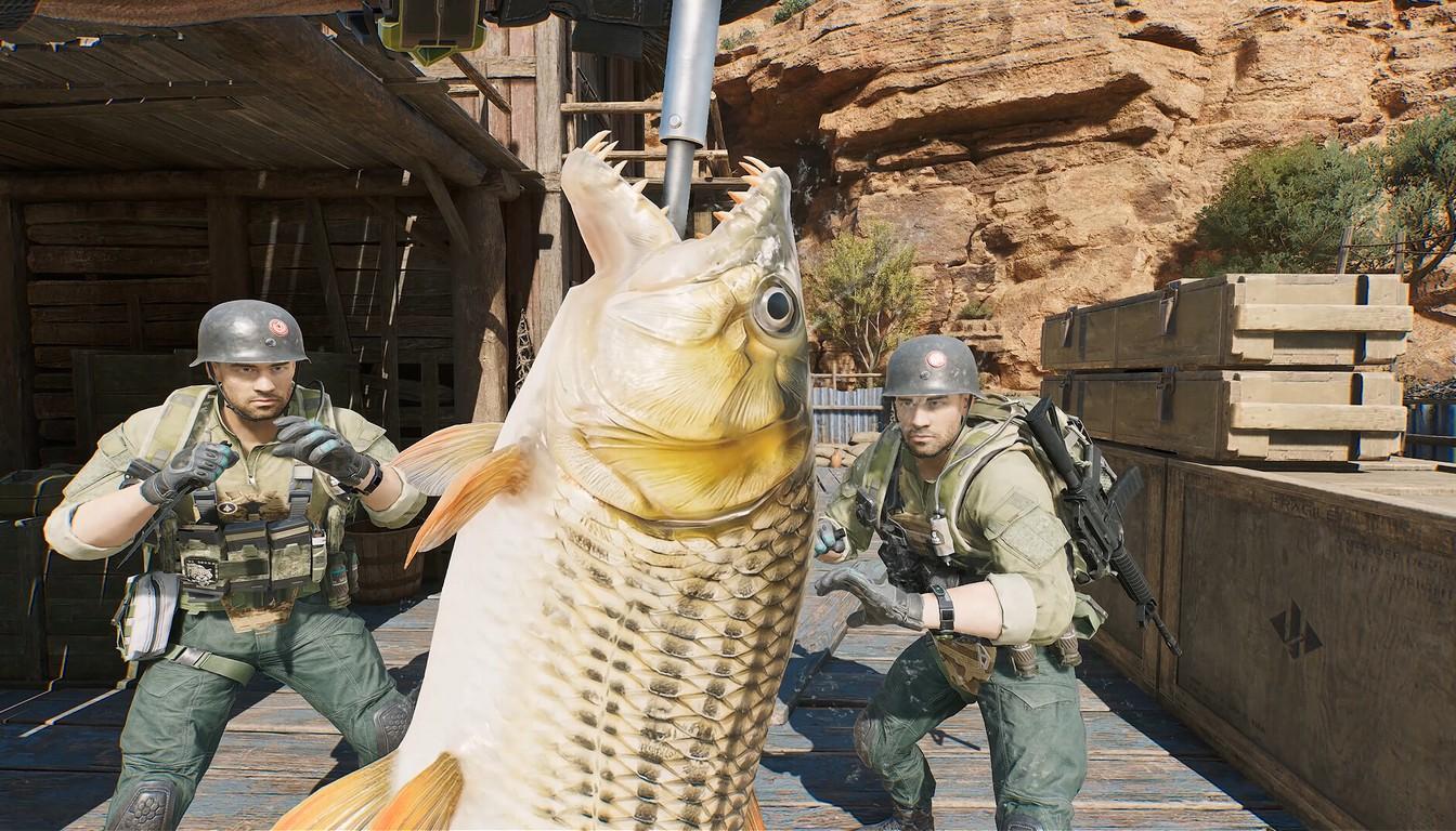Two operators beside a huge fish hooked on a line