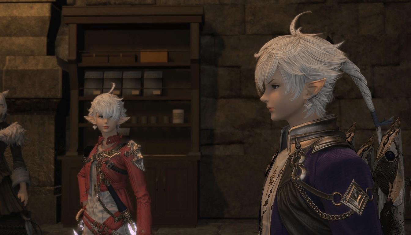 Alphinaud and Alisaie in a dim room during a Final Fantasy XIV story scene