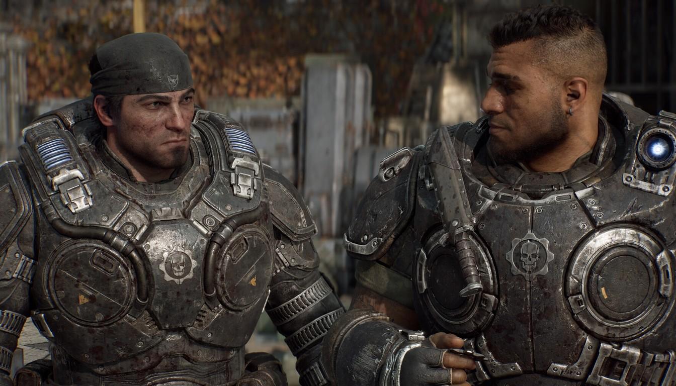 Marcus Fenix and Dom Santiago in armor looking at each other