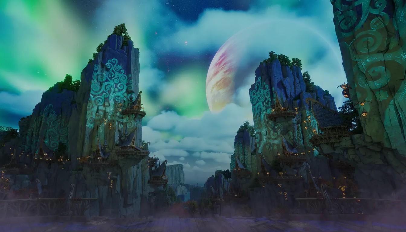 Carved rock towers under an aurora and a giant planet in the sky of AION 2