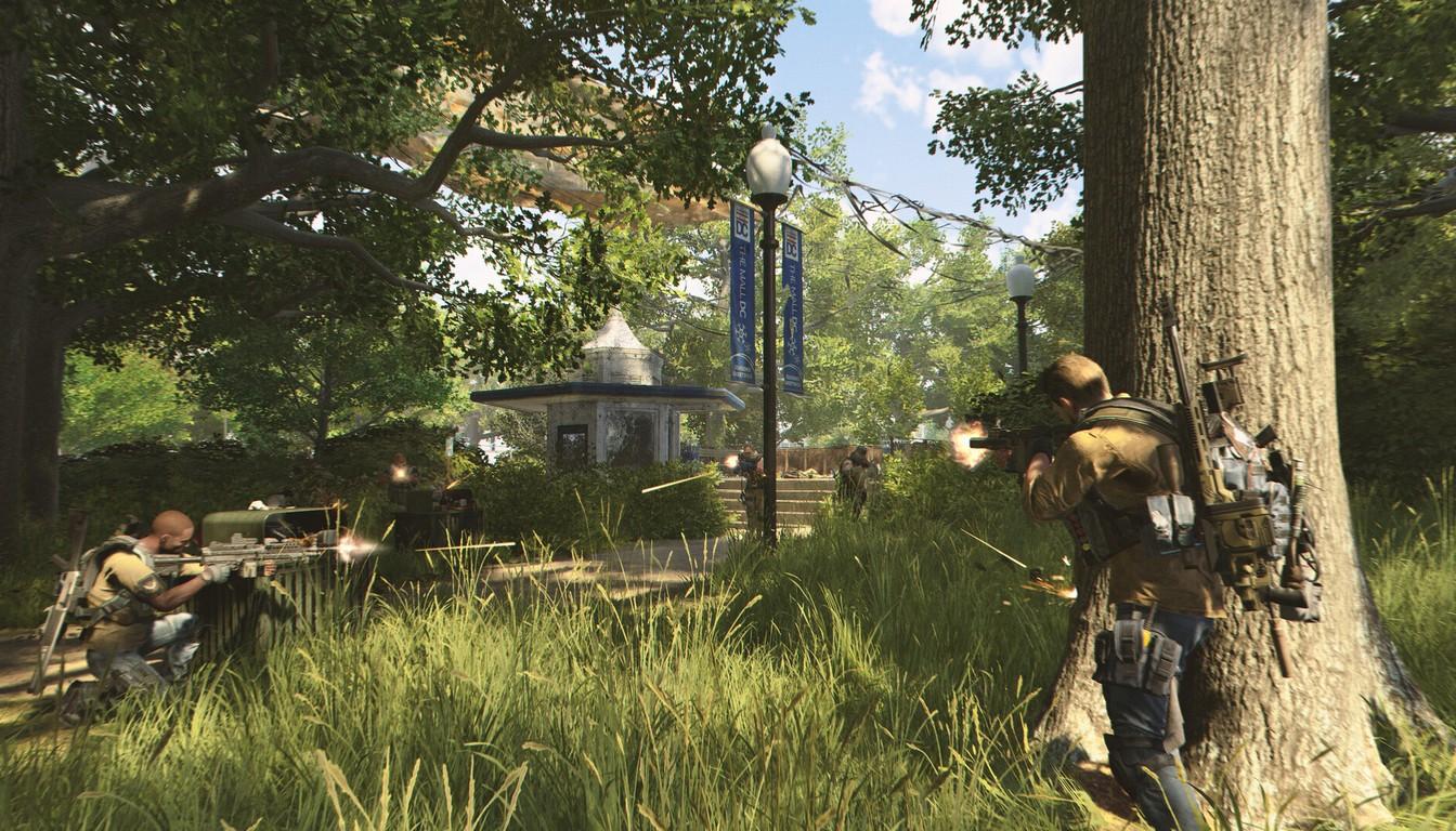 An agent taking cover behind a tree in a green city park