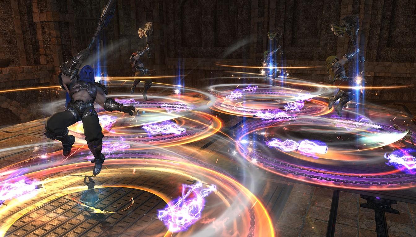 A party fighting on an arena floor amid bright glowing magic circles