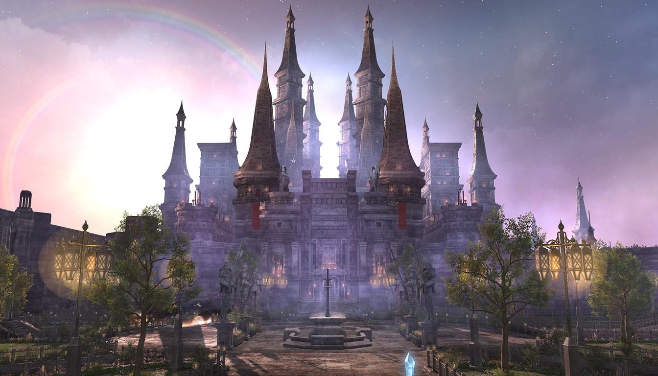 Castle with tall spires under a purple sky and a rainbow