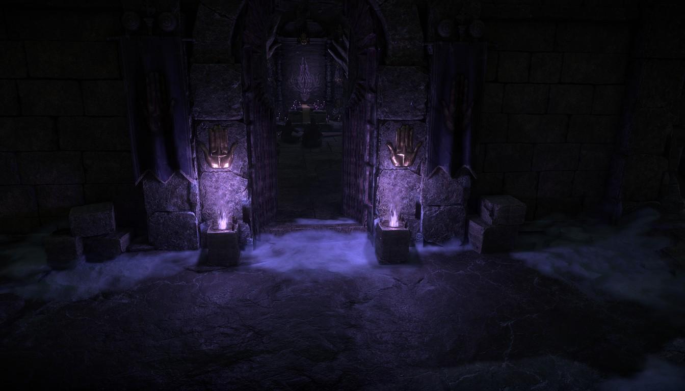 A dark hall lit by purple braziers with a doorway at the far end