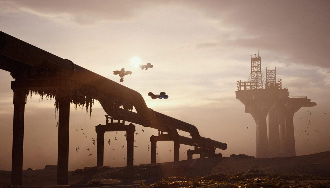 A rusted pipeline and oil platform at sunset on the Riven Tides coast