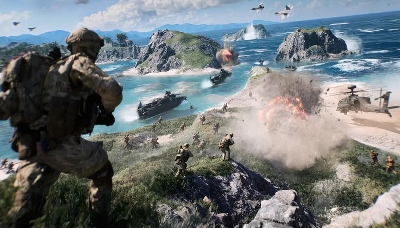 A soldier overlooks the Tsuru Reef archipelago from a cliff as boats and helicopters fight below