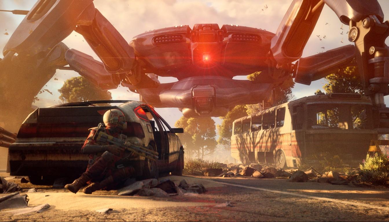 A Raider crouching behind a car as a giant ARC machine looms over a sunlit road