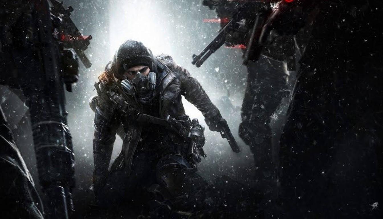 A masked hooded agent crouching in falling snow under a beam of light