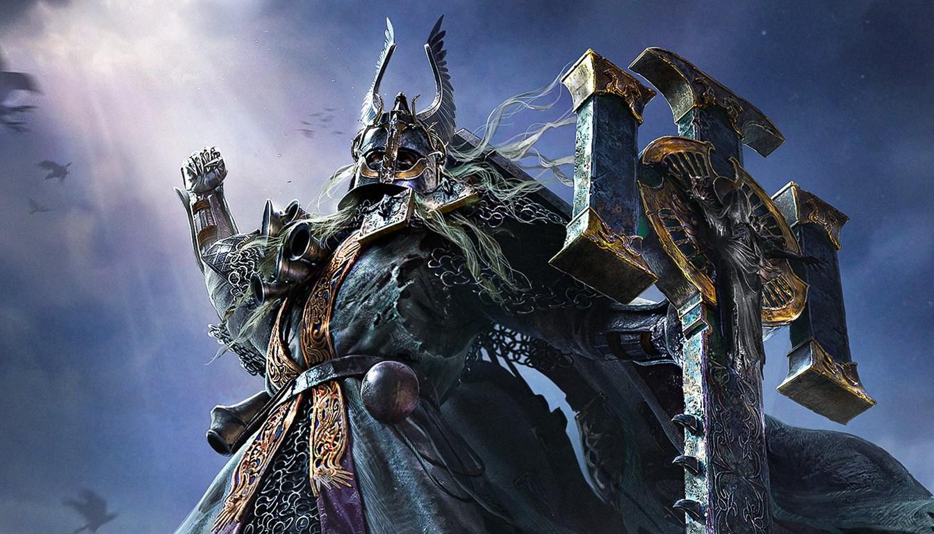 Armored warrior beside a huge stone monument