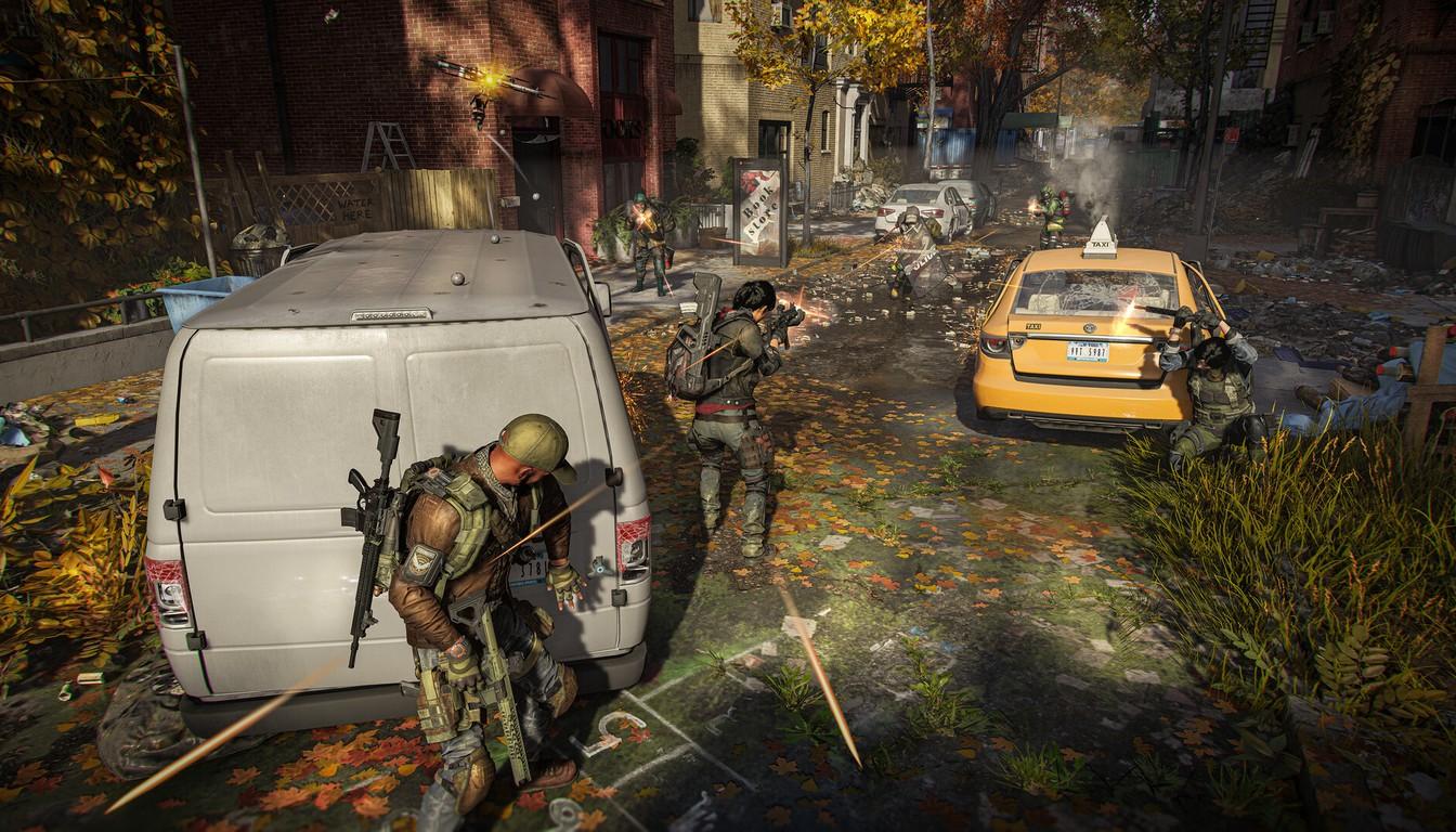 Agents beside an abandoned van and taxi on an autumn street
