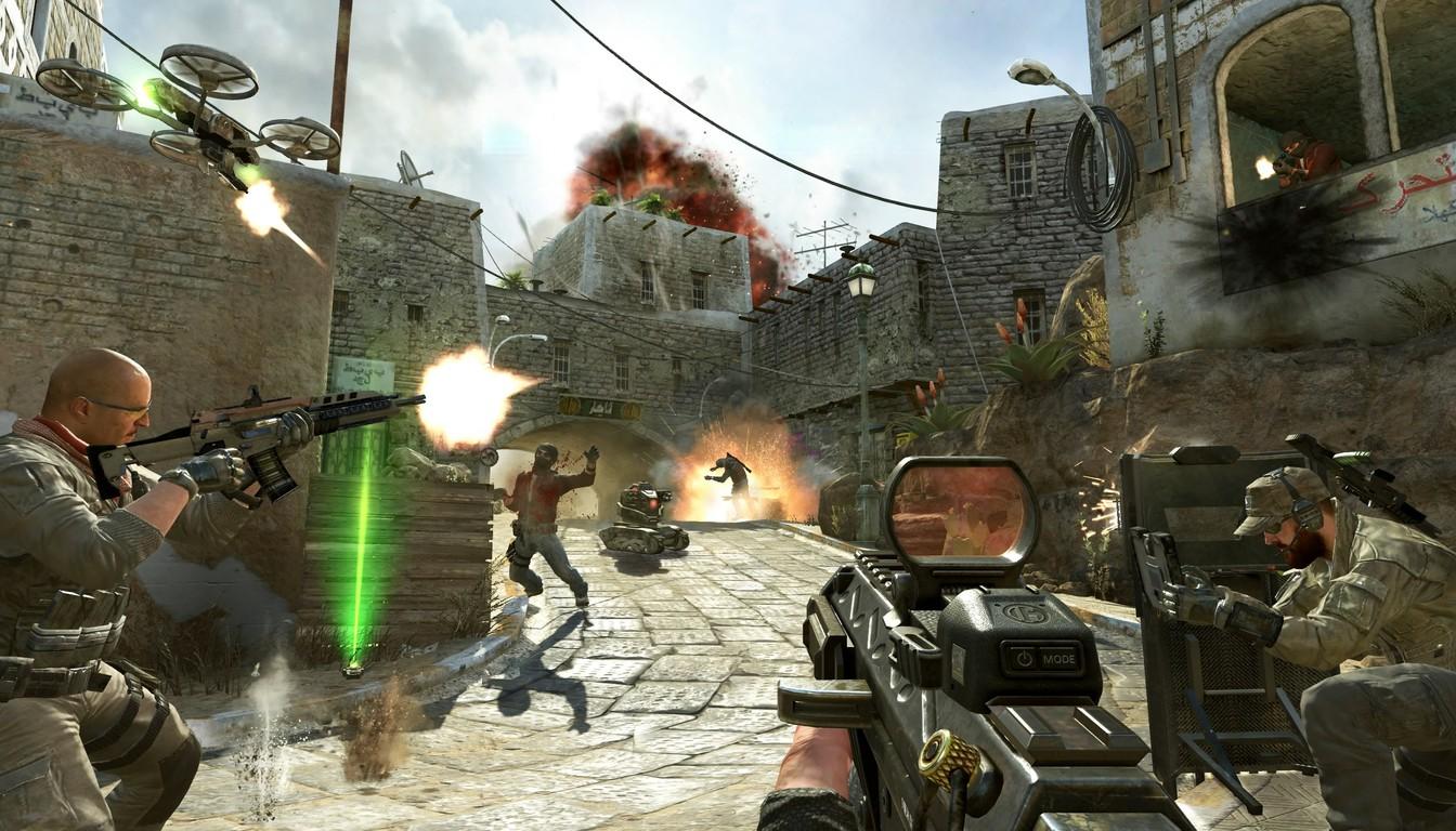 Assault rifle with a red dot sight in a firefight on a Black Ops 2 map