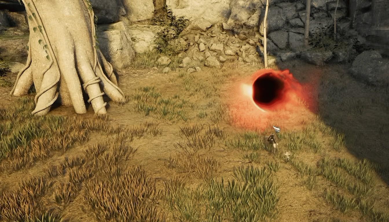 A red Space-Time Rift on the grass beside an ancient tree in Aion 2